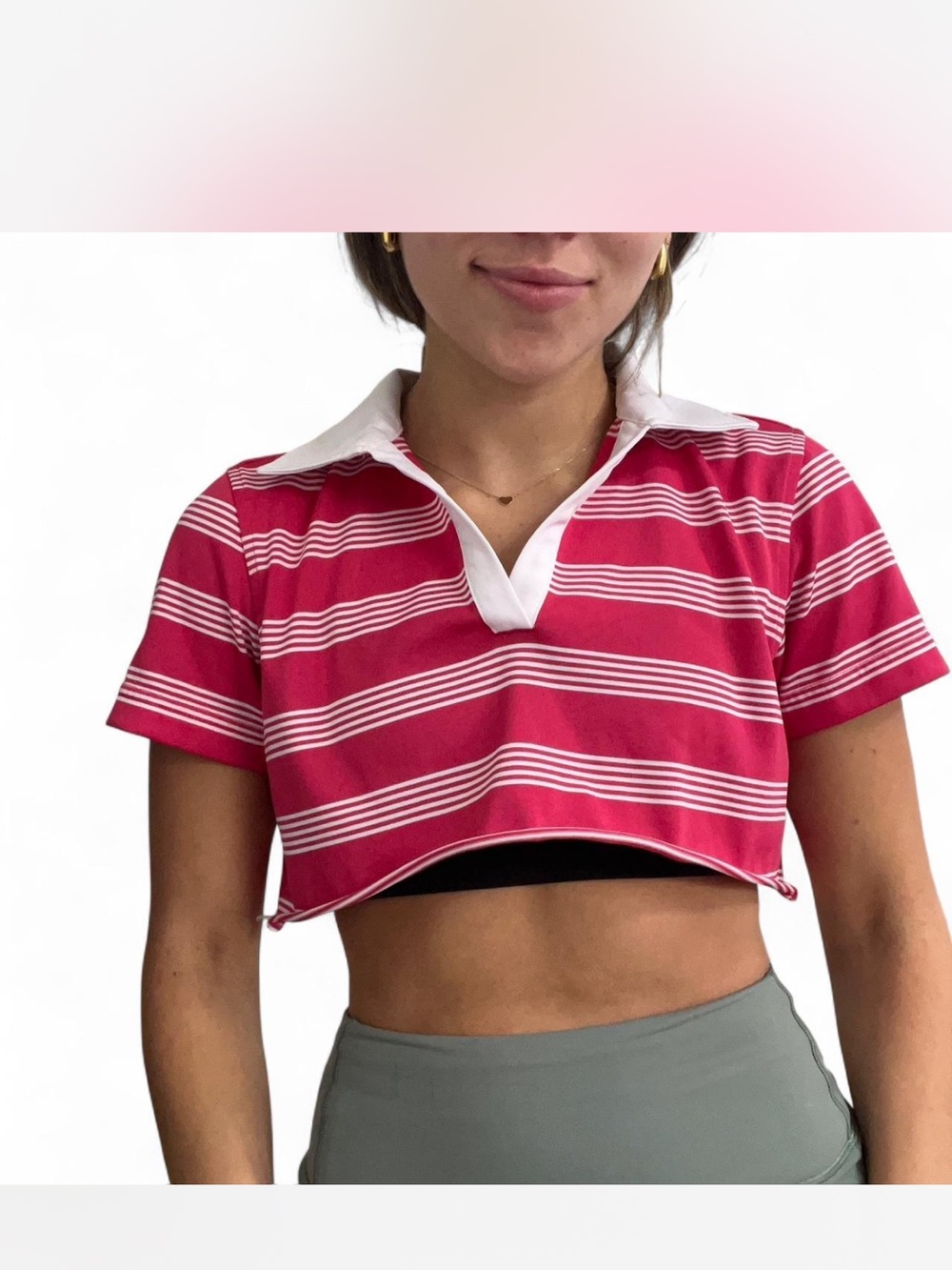 Ping Pink and White Striped Cropped Polo Top